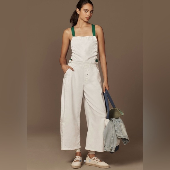 Anthropologie Pilcro Kenna Heritage White & Green Barrel Overalls • S • NWT - Picture 1 of 14